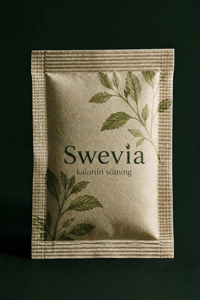 Närbild på en Swevia-sachet med botaniska illustrationer mot en mörkgrön bakgrund